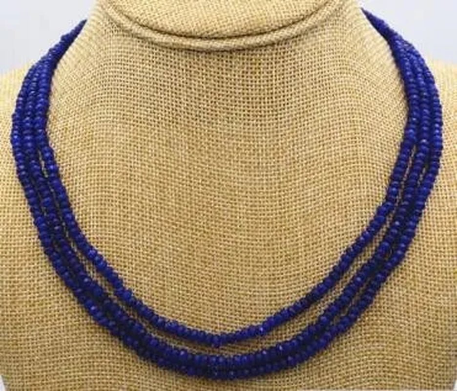 New NATURAL 3 Rows 2X4Mm FACETED DARK Blue Sapphire BEADS NECKLACE