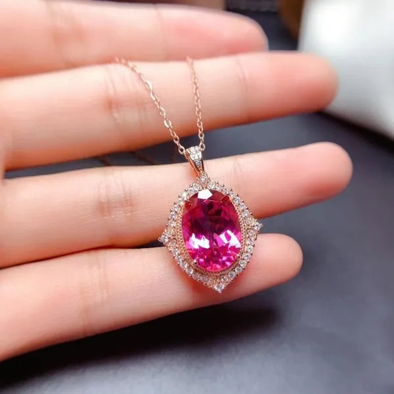 Newest Design Gemstone Jewelry Gold-plated South Africa Zircon AAA Ellipse Red Tourmaline Necklace Pendant Opening Adjustable Ring Set for Women