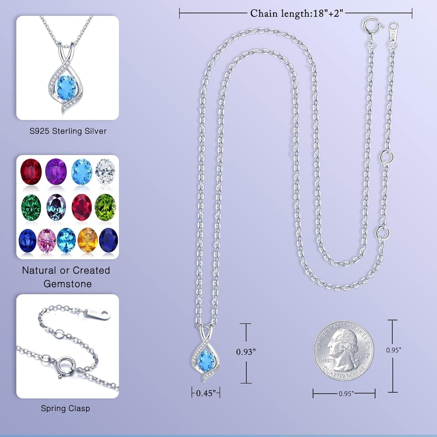 Oval Sparkle Birthstone Pendant Necklace, 925 Sterling Silver Gemstone Pendant Anniversary Birthday Gifts for Women Wife Girlfriend Mom Grandma Birthstone Necklace for Women Jewelry Gifts
