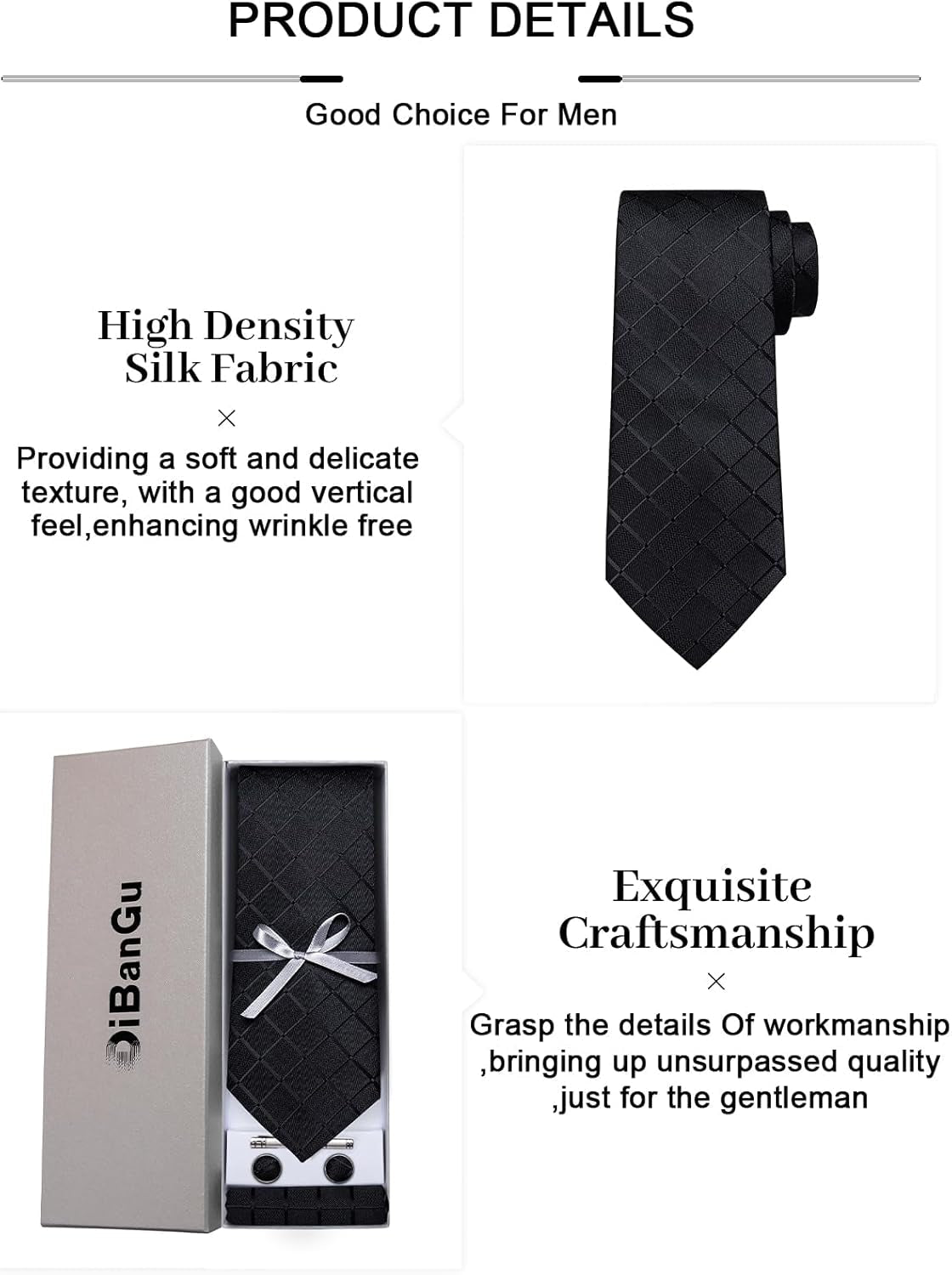 Plaid Ties for Men Silk Checkered Necktie and Pocket Square Cufflinks Tie Clip Set with Gift Box for Wedding Business