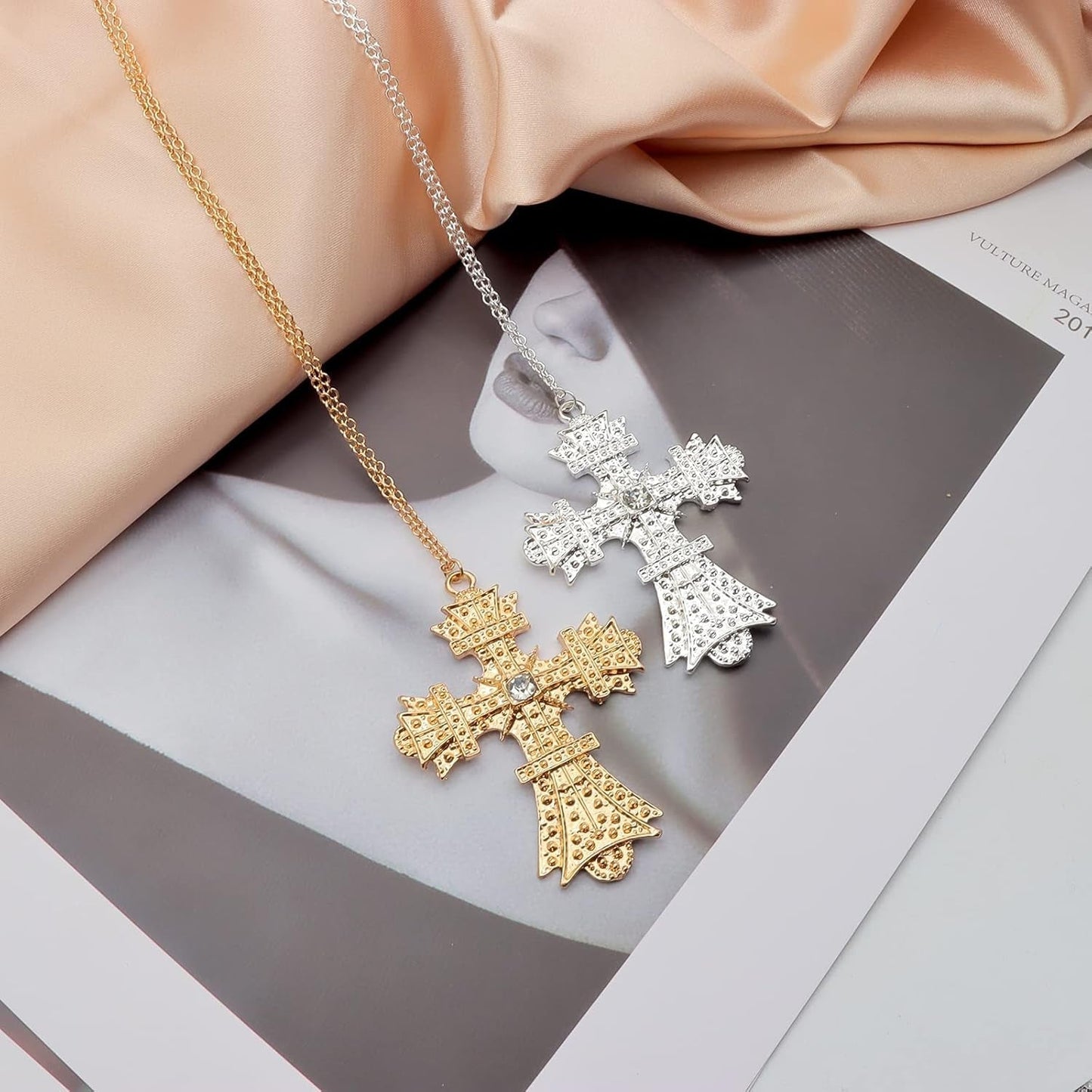 Retro Big Cross Pendant Necklace for Women Men,18K Gold Silver Baroque Crystal Zircon Large Cross Necklace Bar Party Jewelry