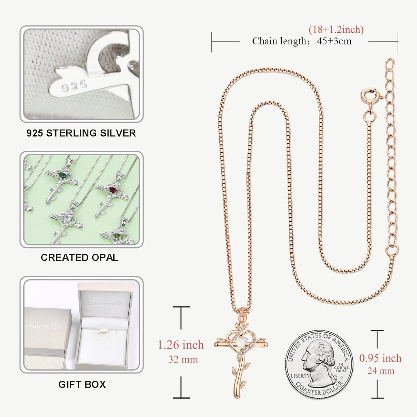 Rose Cross Necklace 925 Sterling Silver Heart Crucifix Pendant Birthstones Jewelry for Women