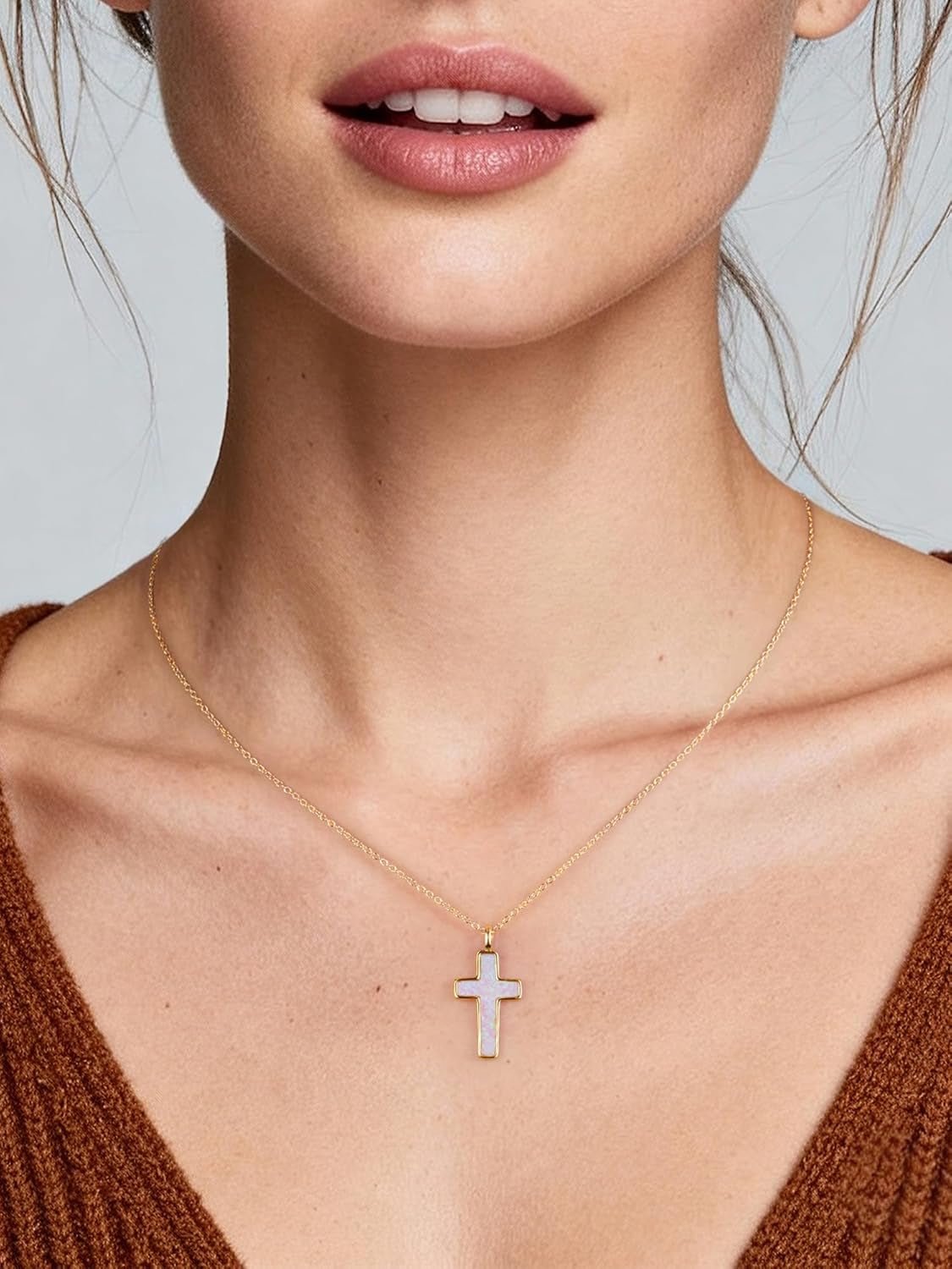 S925 Opal Cross Necklace for Women, Sterling Silver Opal Gemstone Womens Cross Necklaces, Cross Pendant with 5A Cubic Zirconia, Women'S October Birthstone Jewelry Gifts for Birthday, Anniversary, Christmas