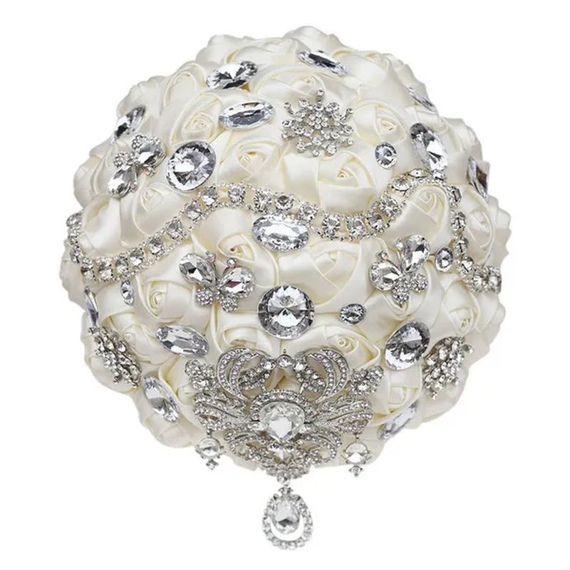 Shiny Luxury Rhinestone Brooch Pendant Wedding Bouquet 21CM Silk Rose Flower Diamond Bridal Bouquet Handmade Bridesmaid Holding Flowers