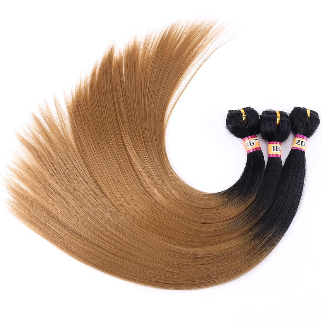 Silky Straight Hair Extensions Synthetic Hair Weave 3 Bundles Two Tone Ombre Black to Golden Color T1/27 (16" 18" 20")