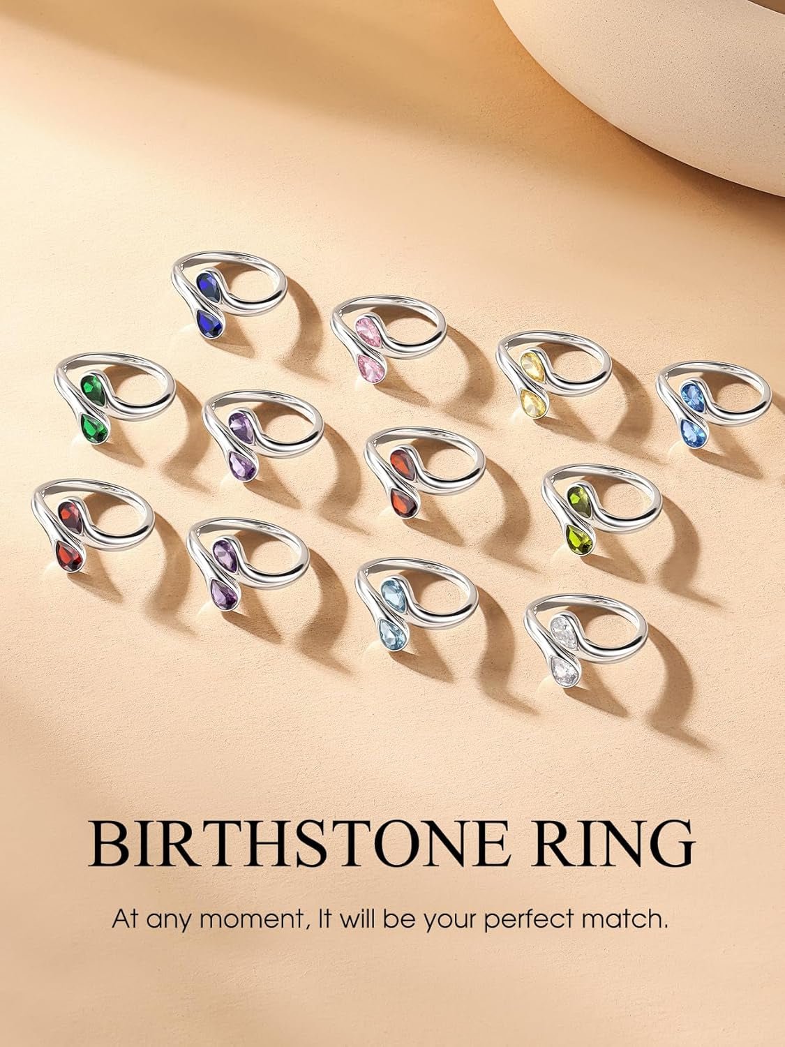 Silver Birthstone Ring for Women, Dainty Sterling Silver Teardrop Ring Open Adjustable Band Ring, Love Statement TOI Et Moi Ring Promise Ring for Her