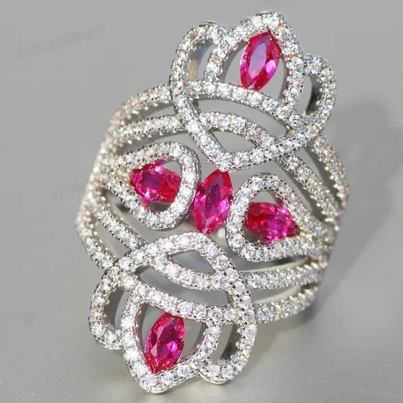 Silver Natural Gemstones White Sapphire & Ruby Ring Birthstone Bride Wedding Engagement Multilayer Princess Cross Ring Size 6 7 8 9 10