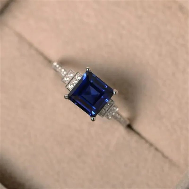 Simple 925 Sterling Silver Ring Princess Sqaure Cut Blue Sapphire Diamond Wedding Engagement Rings for Women Fine Jewelry Gift