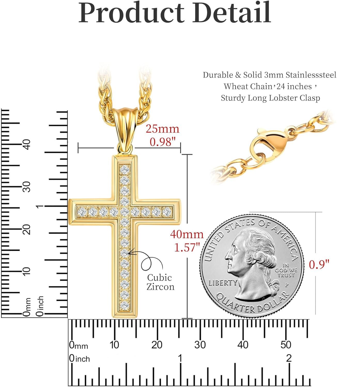 Stainless Steel CZ Cross Necklace Men Women - 18K Gold Plated 5A+ Cubic Zirconia Crucifix Pendant - Christian Religious 3Mm Rolo Chain Jewelry Present
