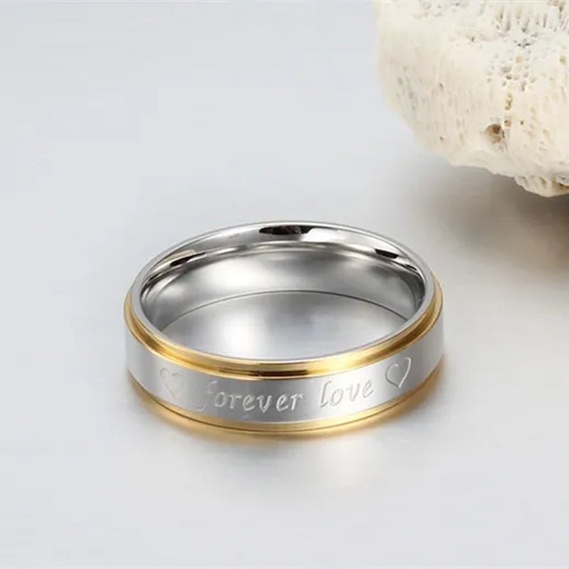 Stainless Steel "Forever Love" Gold Edged Ring Wedding Band Men/Women'S Fashion Jewelry Size 6-13