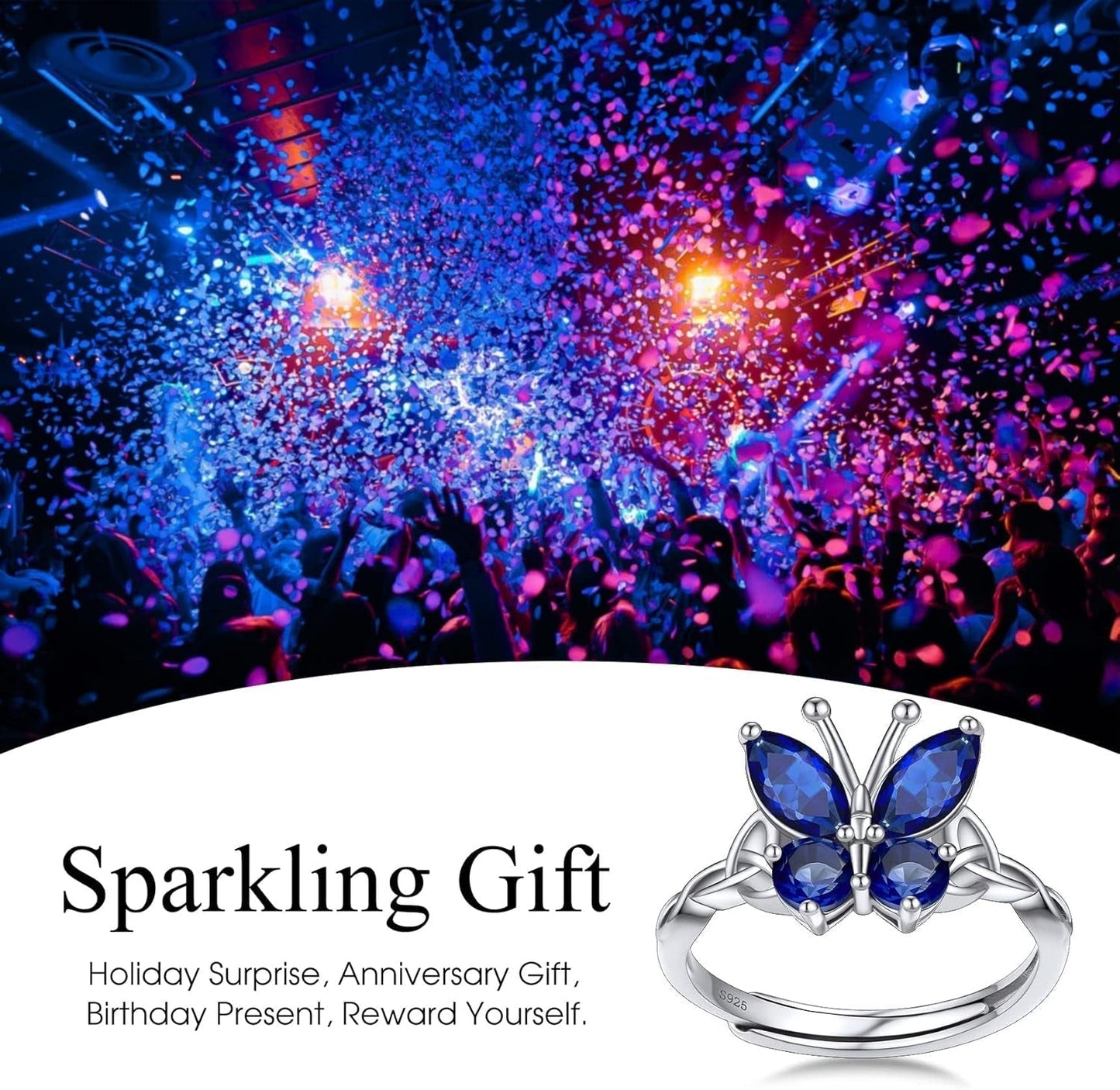 Sterling Silver Birthstone Rings for Women, Dainty Butterfly Stackable Ring Adjustable Ideal Valentine'S Gifts for Her