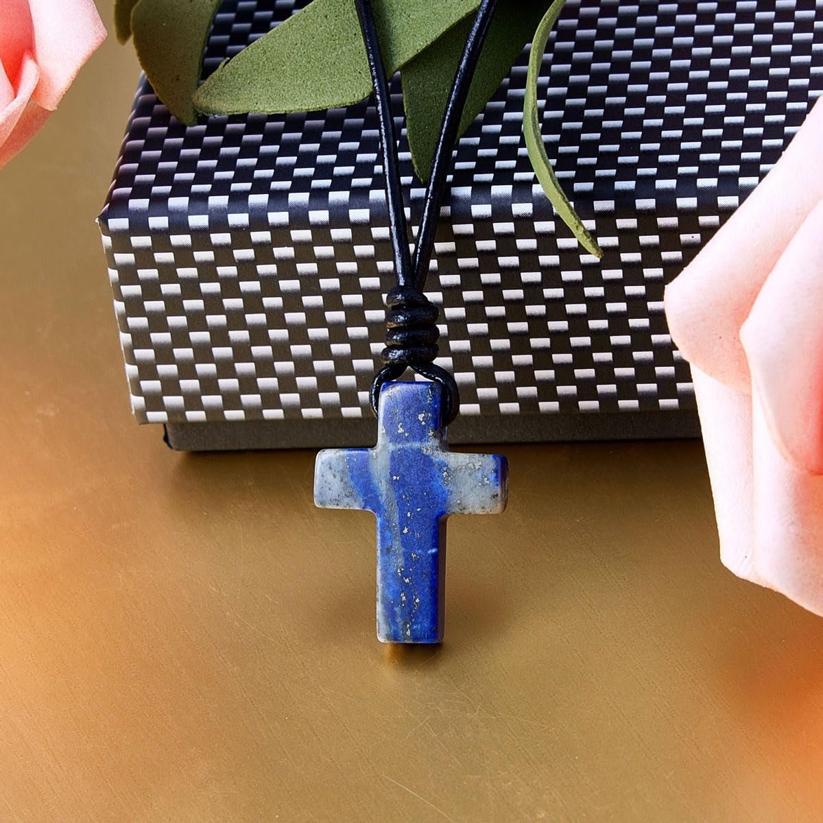Stone Cross Pendant Adjustable Leather Necklace Gift for Valentines Day