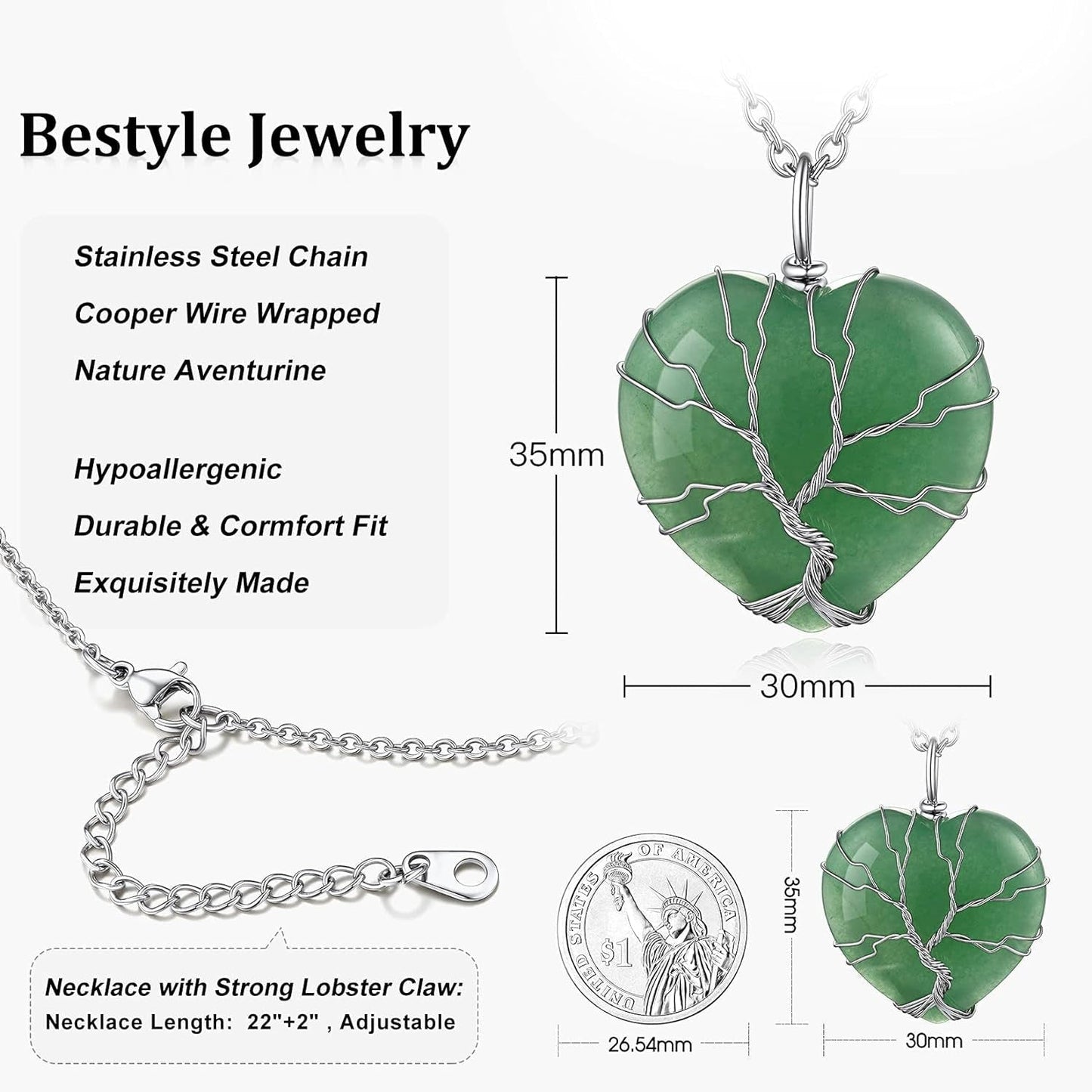Tree of Life Wrapped Healing Crystal Necklaces 12 Month Birthstone Pendant for Women Grils, Crescent/Heart Gemstone Jewelry, Vintage Birthday Gifts/Energy Gift