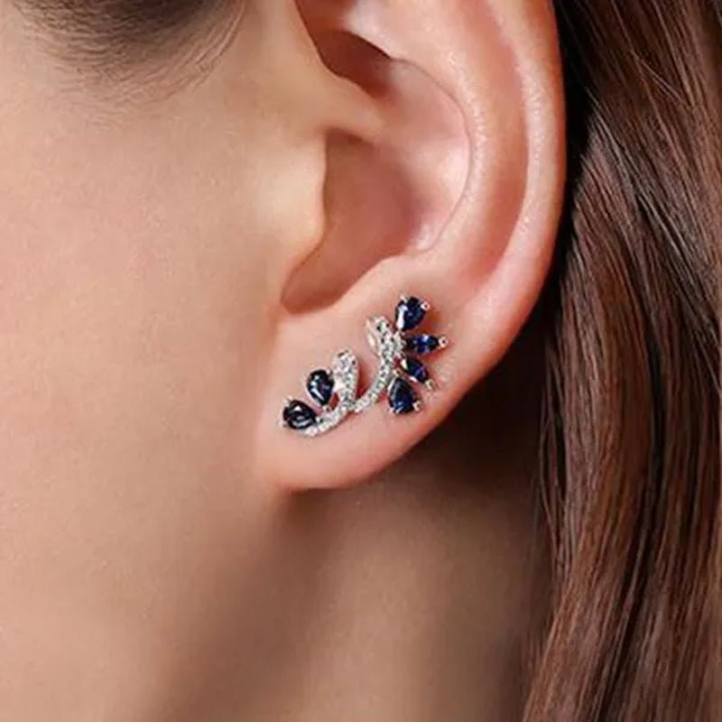 Trendy Women Climbing Earrings Cubic Zirconia Blue Sapphire Earrings Bridal Wedding Flower Earrings Valentine's Day Gift