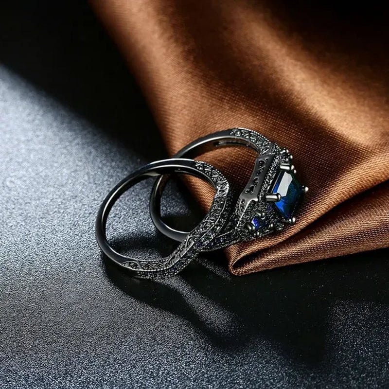 TWO Rings Black Couple Rings 316L Sainless Steel Men'S Rings Princess Cut 5Mm Sapphire Women'S Wedding Ring Sets