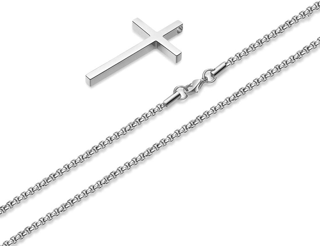 Valentines Gifts for Him Men Teen Boys -Cross Necklace for Men, Silver Black Gold Stainless Steel Plain Cross Pendant Necklace Box Chain 16-30 Inch
