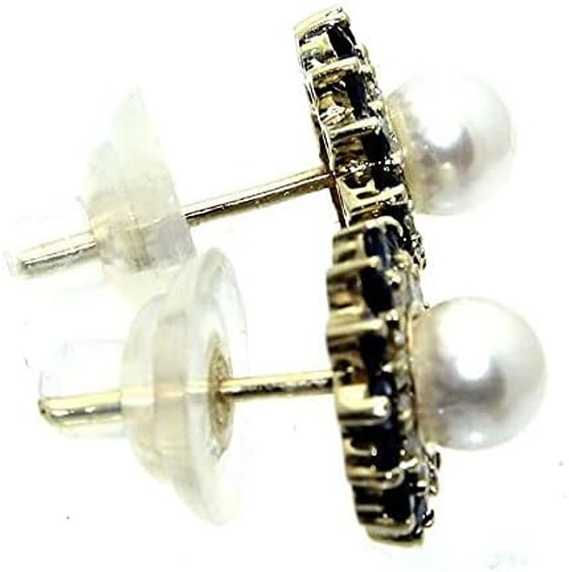 Vintage 14K Yellow Gold Plated 1.36Ct Sapphire Pearl Diamond Floral Stud Earrings