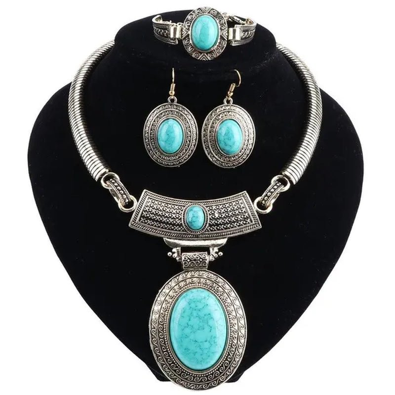 Vintage Dubai Retro Gold Big Turquoise Jewelry Sets Nigerian Wedding Costume Necklace Bracelet Earring Party gift