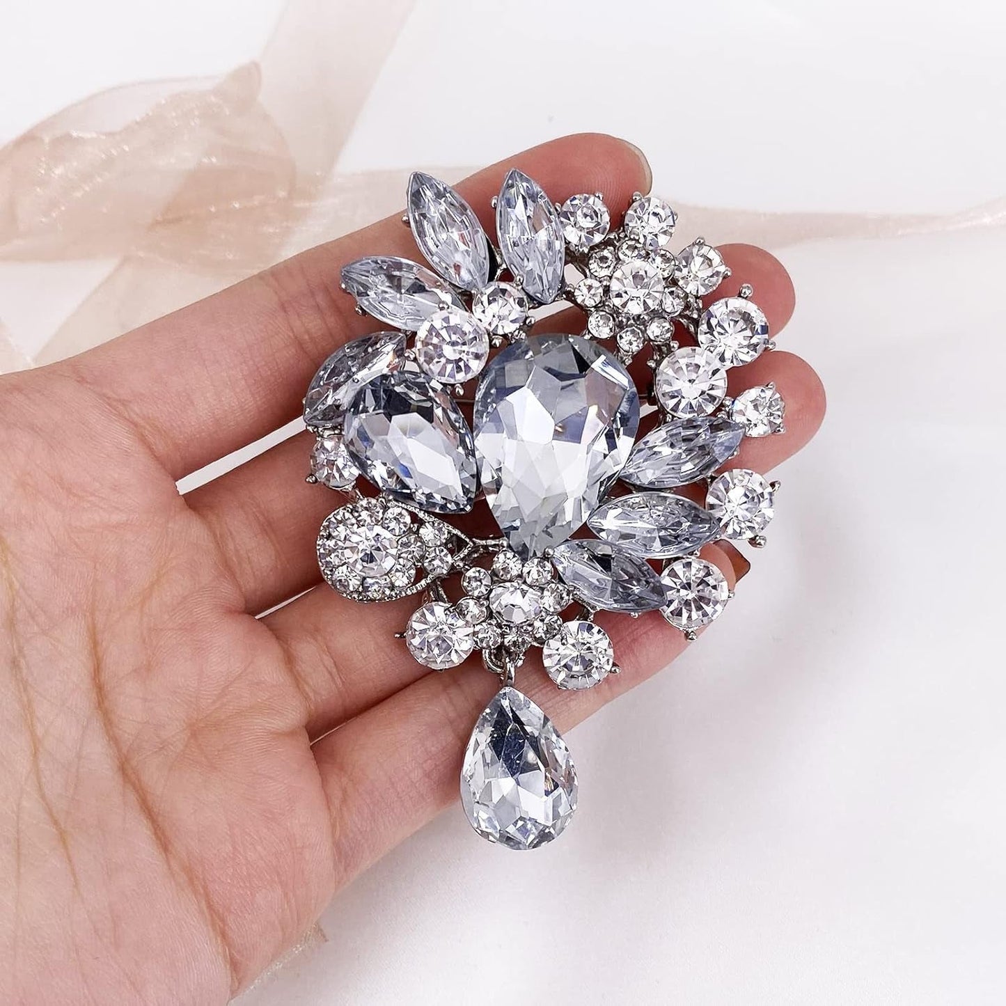 Vintage Wedding Bridal Big Blue Crystal Rhinestone Tear Drop Brooch Pin for Women