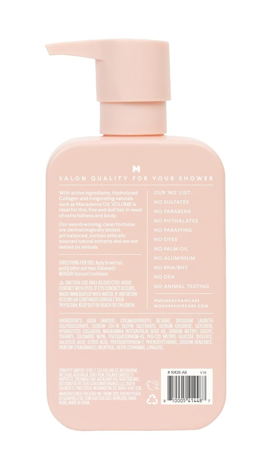 Volume Shampoo 12Oz for Thin, Fine, and Oily Hair, Made from Coconut Oil, Ginger Extract, & Vitamin E, 100% Recyclable Bottles (354Ml), Pink (10428)