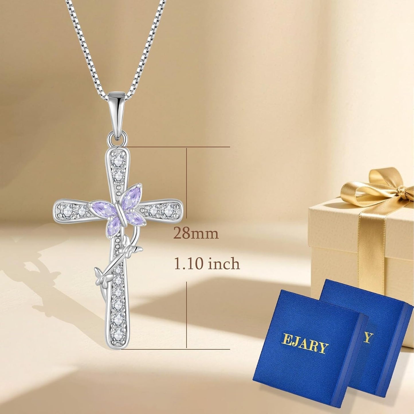 Women Butterfly Cross Necklace 925 Sterling Silver Crucifix Pendant Birthstones Jewelry Christmas Birthday Gift for Mom Wife Lover
