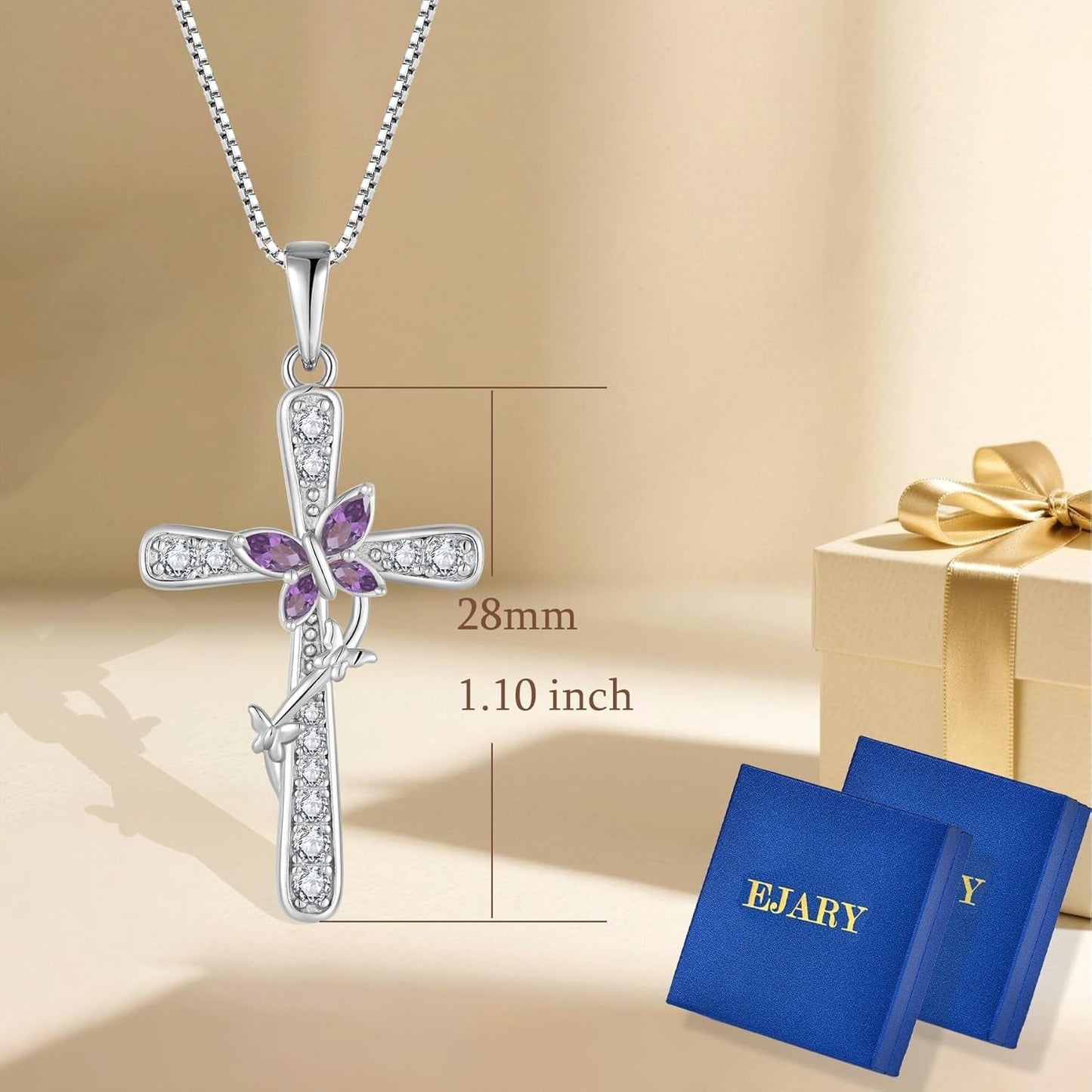 Women Butterfly Cross Necklace 925 Sterling Silver Crucifix Pendant Birthstones Jewelry Christmas Birthday Gift for Mom Wife Lover