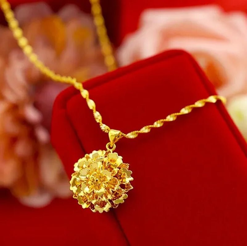 Women Wedding Jewelry Real 18 K Gold Flower Design Pendant Chain Necklace 16-30 Inch (Water Wave Chain)