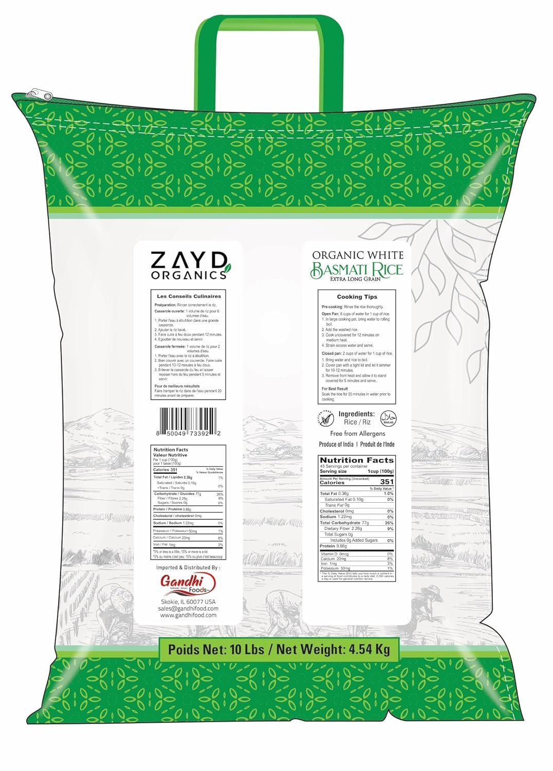 Zayd Organic White Basmati Rice, Indian Traditional Extra Long Rice, Vegan, Fresh, USDA Organic, 10Lbs