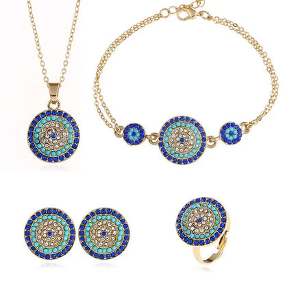 4 Pieces Set Round Turkish Blue Evil Eye Necklace Earring Bracelet Ring Fashion Rhinestone Eye Necklace Bracelet Ring Earrings Set for Women Jewelry