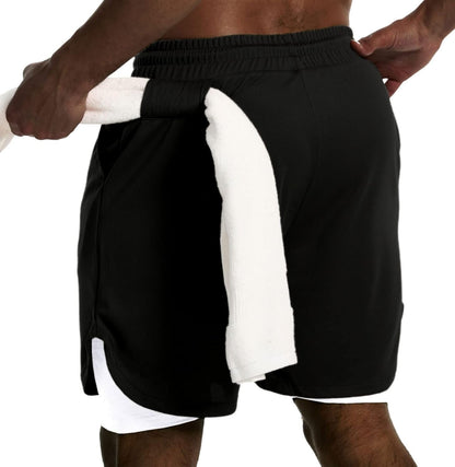 Mens 2 in 1 Running Shorts Quick Dry Gym Athletic Workout Shorts with Compression Liner