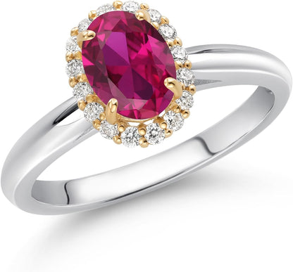 Halo Engagement Ring for Women in 10K White and Yellow Gold with 7X5MM Oval Gemstone Birthstone and White Lab Grown Diamond | Available in Size 5, 6, 7, 8, 9 - WORLD TIME VISITS