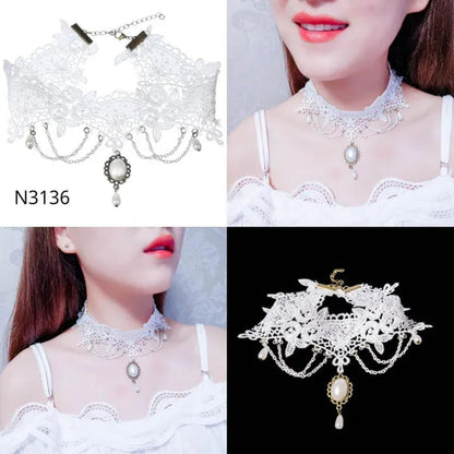 White Lace Necklace Chokers Black Collares Vintage Style Female Gothic Wedding Red Rose Crystal Diamond Pendant Collarbone Necklaces Chain Accessories for Women Girls - WORLD TIME VISITS