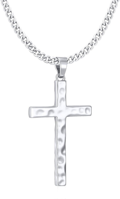 Cross Necklace for Men Boys - Hammered Cross Pendant with Cuban Chain Unique Crucifix Necklaces Christmas Christian Religious Jewelry Gifts 22+2 Inches