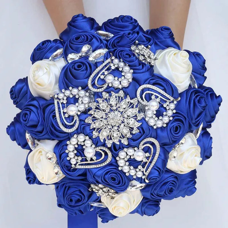 Exquisitely Handmade Ribbon Diamond Bridesmaids Holding Flowers 21CM Pearl Rhinestone Brooch Bridal Bouquet Artificial Silk Rose Wedding Flower Bouquet