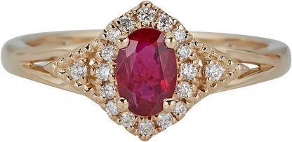 10K Yellow Gold Mozambique Genuine Ruby Ring with Diamonds for Women | Ethically, Authentically & Organically Sourced (Oval-Cut) Shaped Ruby Hand-Crafted Jewelry for Her | Ruby Ring for Women - WORLD TIME VISITS