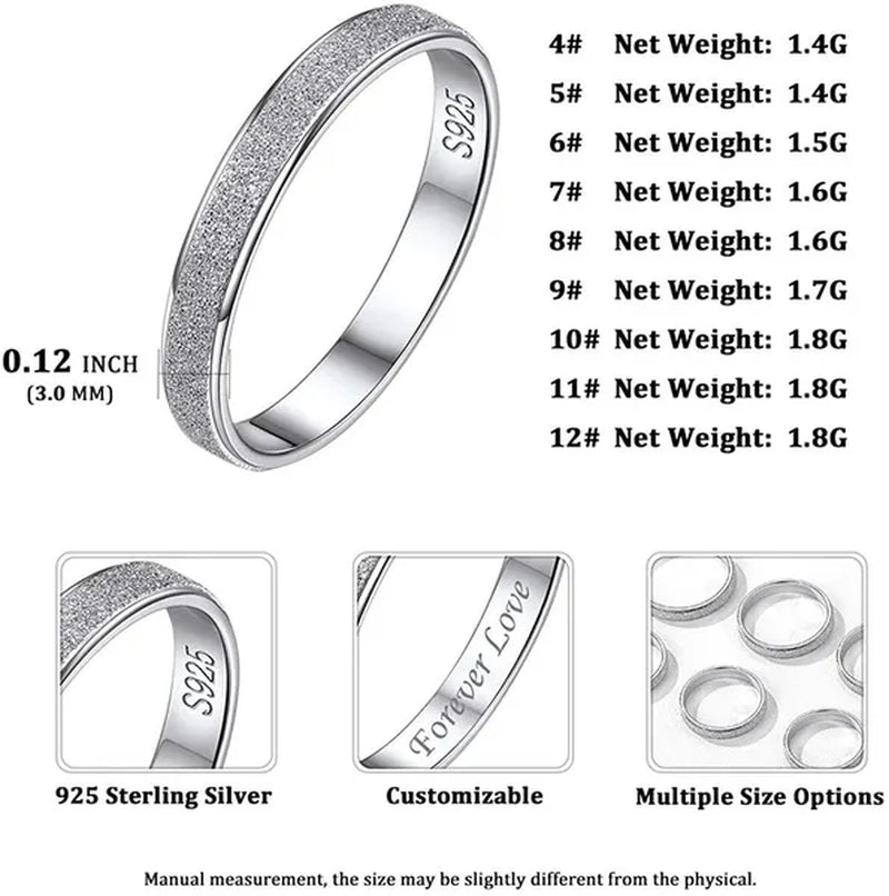 Chicsilver 925 Sterling Silver Rings Skinny Sandblast Finish Resistant Comfort Fit Wedding Band 3Mm Ring Size 4-12