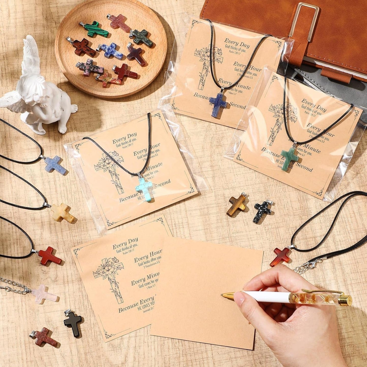 Christian Cross Charms for Jewelry Making Natural Stone Cross Gemstone Pendant Quartz Crystal Charm with Leather Chain and Card for Valentines DIY Necklace Earring Bracelet Gifts