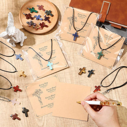 Christian Cross Charms for Jewelry Making Natural Stone Cross Gemstone Pendant Quartz Crystal Charm with Leather Chain and Card for Valentines DIY Necklace Earring Bracelet Gifts