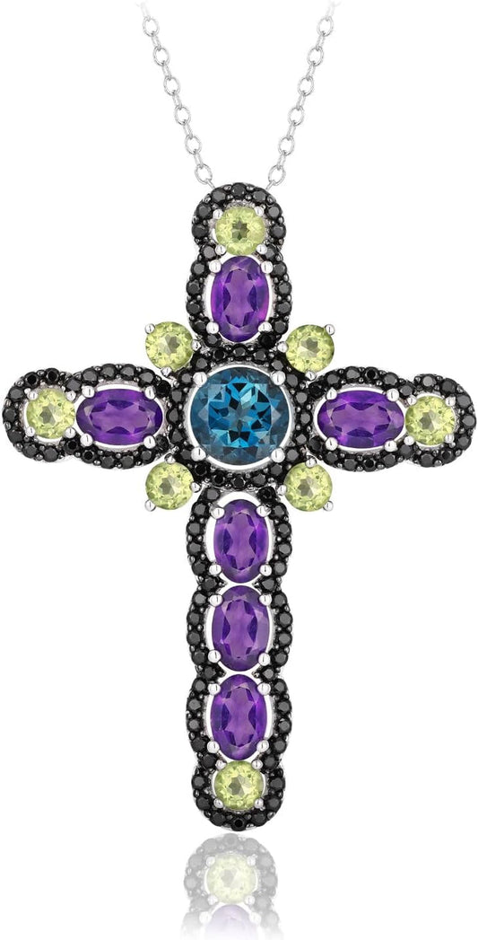Women'S Stunning Colorful Diamond Cross Pendant Sterling Silver Chain Gemstone Cross Necklaces 18", Various Styles - WORLD TIME VISITS