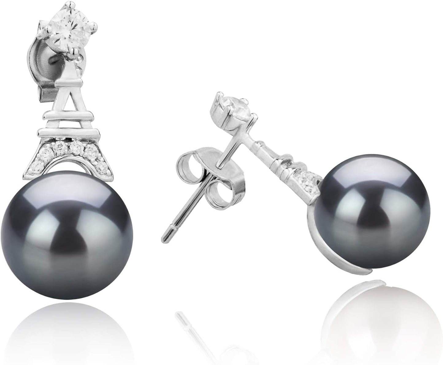 Eiffer-Tower Black 8-9Mm AAAA Quality Freshwater 925 Sterling Silver Cultured Pearl Earring Pair