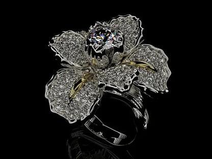 Silver Ring Iris Flower Two Tone Ring Blue Sapphire Flower Engagement Cocktail Ring Statement Crown Ring Natural Gemstones Ring Wedding Bride Engagement Band Charm Party Ring Jewelry