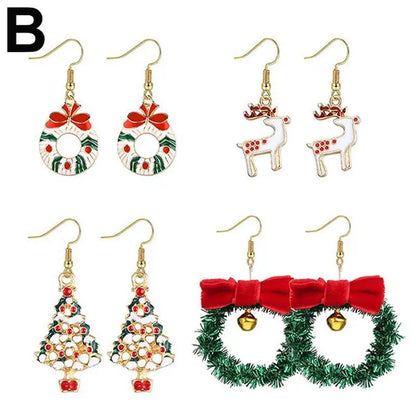 4 Pairs Christmas Earrings for Women Girls Christmas Bell Light Bulbs Hoop Earrings Christmas Tree JingleBall Snowflake Bow Flower Elk Dangle Earrings Christmas Party Jewelry Set Gift