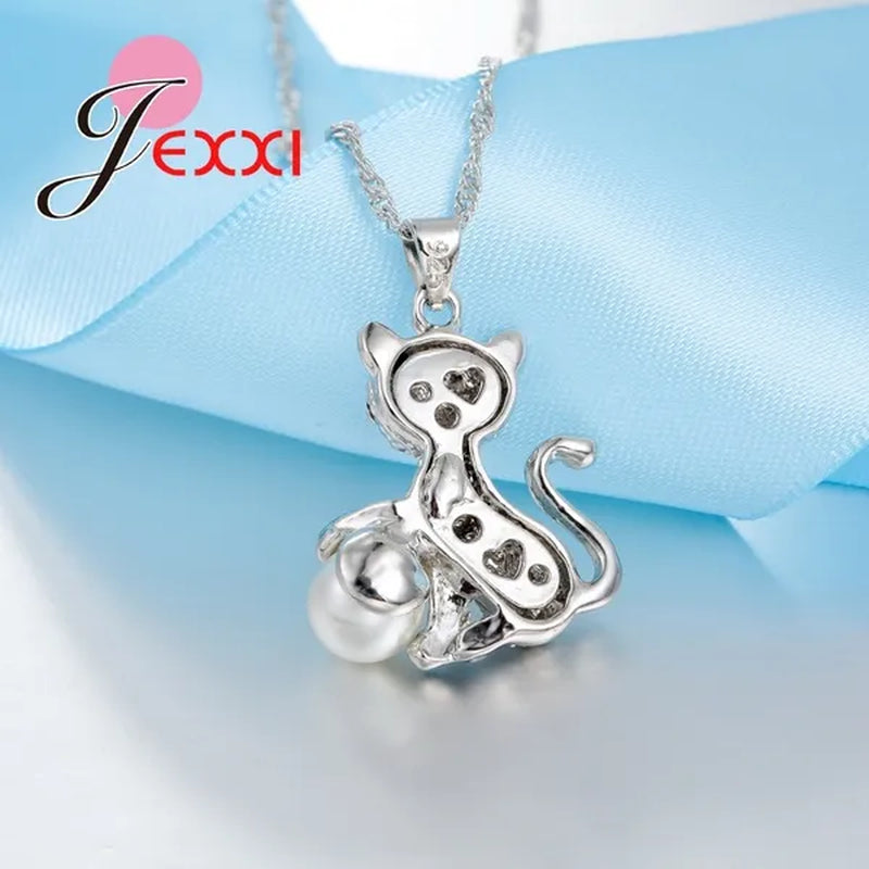 Cute Cat With Fine CZ Diamond And Pearl Ball 925 Sterling Silver Fashion Jewelry Set With Necklace/Earings Wholesale