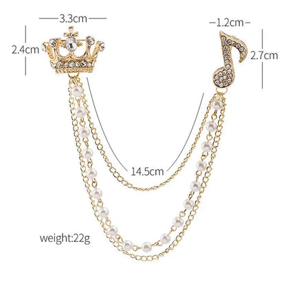 High-End Diamond-Encrusted Crown Note Pearl Tassel Brooch British Suit Pin Collar Badge