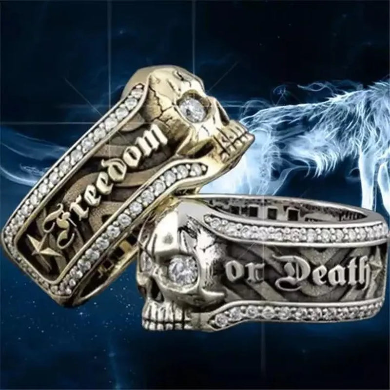 Vintage Stainless Steel Micro Inlaid Cubic Zirconia Gothic "Freedom or Death" Skeleton Skull Cocktail Rider Statement Halloween Christmas Ring Gift