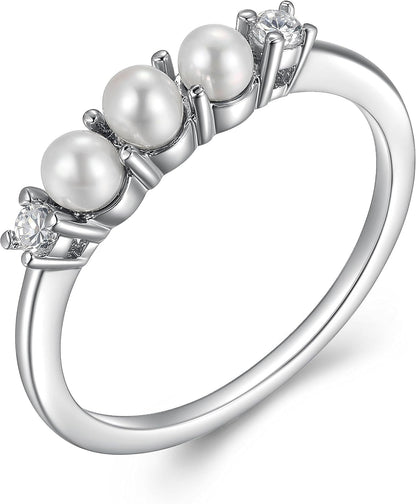Rhodium Plated Sterling Silver Freshwater Cultured Pearl and Cubic Zirconia Ring for Women