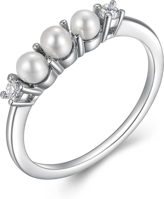 Rhodium Plated Sterling Silver Freshwater Cultured Pearl and Cubic Zirconia Ring for Women
