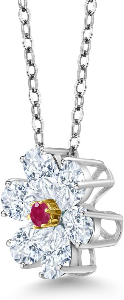 925 Sterling Silver and 10K Yellow Gold Red Ruby and White Moissanite Pear Shape Flower Pendant Necklace for Women (2.46 Cttw, with 18 Inch Chain)