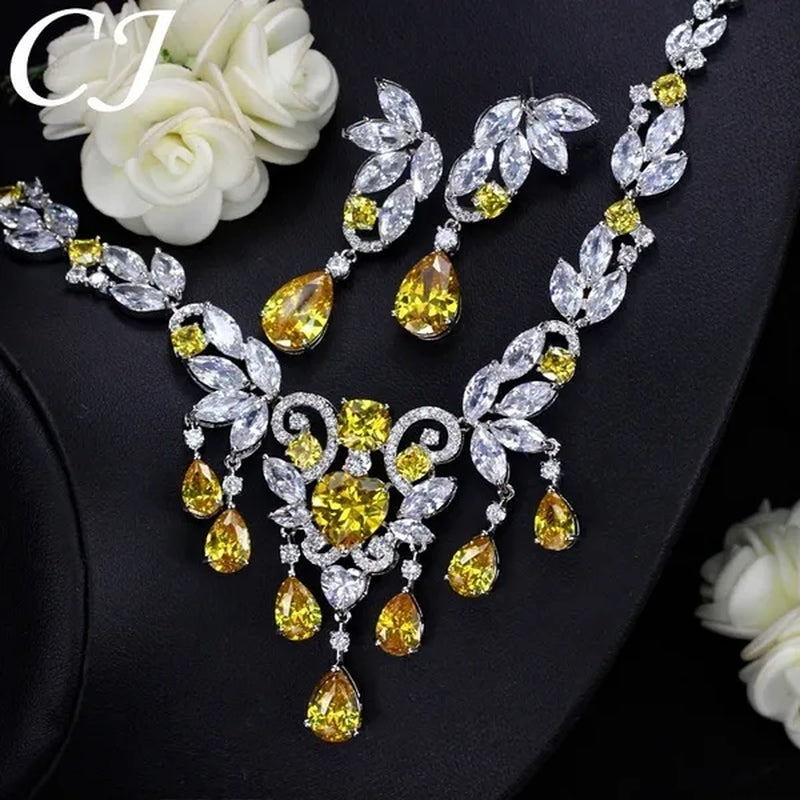 CANDICE Luxury CZ Stone Bridal Jewelry Pave High Quality Yellow Crystal Water Drop Earrings Necklace Wedding Party Set for Brides