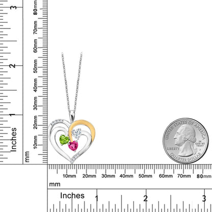 925 2-Tone Sterling Silver and White Green Peridot White Moissanite and Pink Created Sapphire Pendant Necklace for Women (1.52 Cttw, Heart Shape 5MM, 18 Inch Chain)